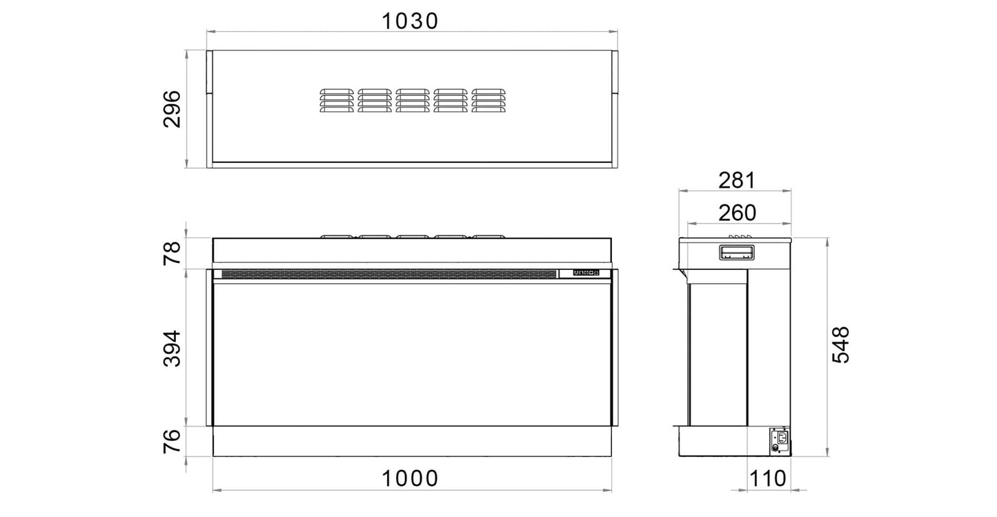 Diagram illustrating the dimensions of the RINNAI ES 1000 Electric Fire, featuring various labeled measurements.