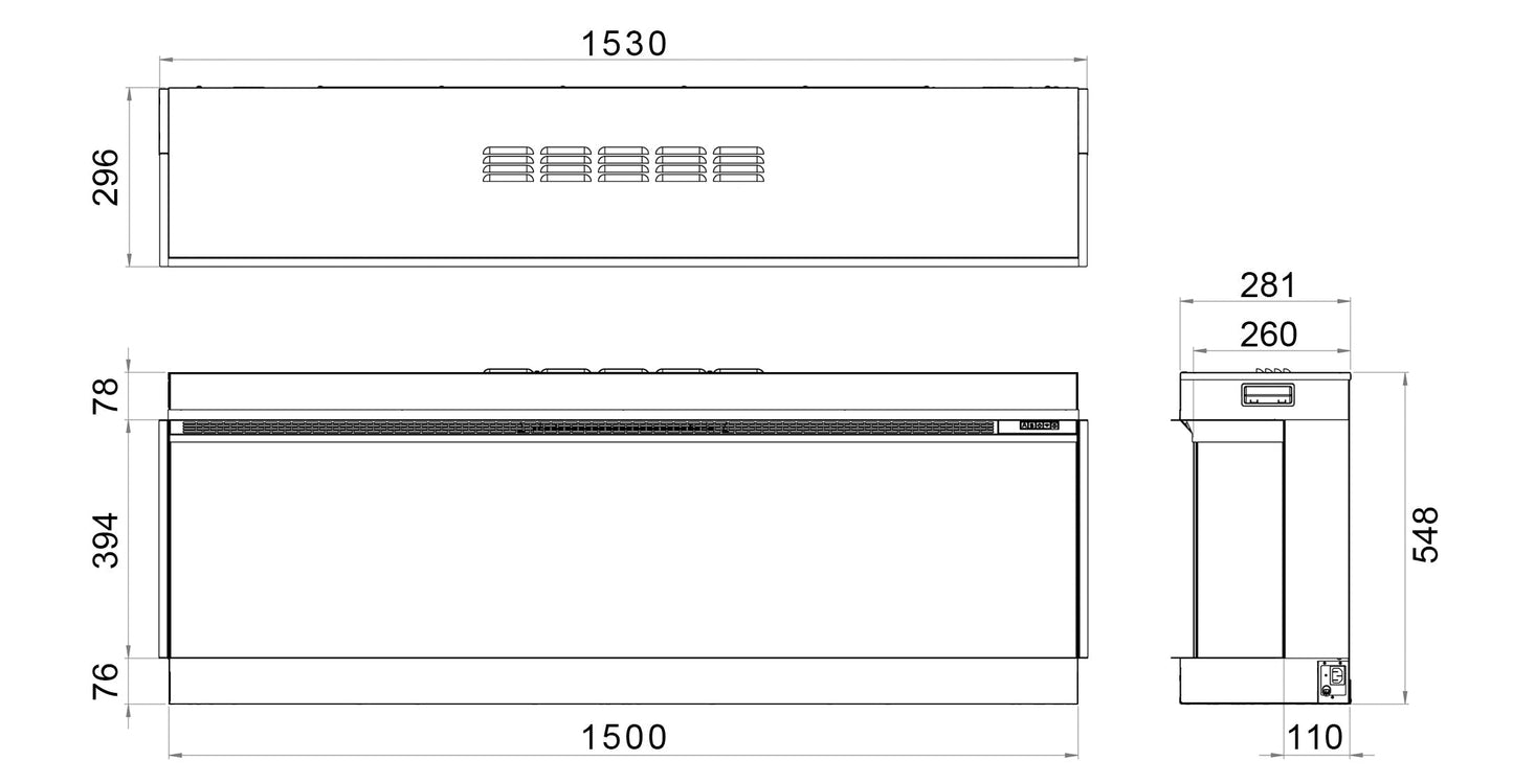 Rinnai ES 1500 Electric Fire technical diagram showing dimensions and design layout.