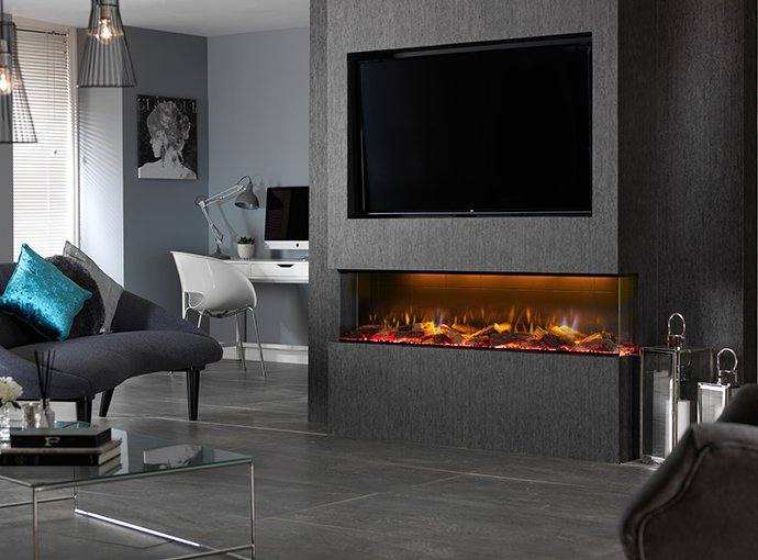 Modern living room with Dimplex Vivente 750 electric fire featuring customizable configurations and Revillusion flame effect.