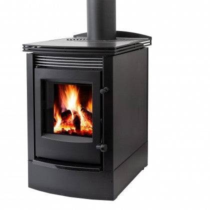 Firenzo Viking wood fire with 4.2m flue system, sleek modern design.