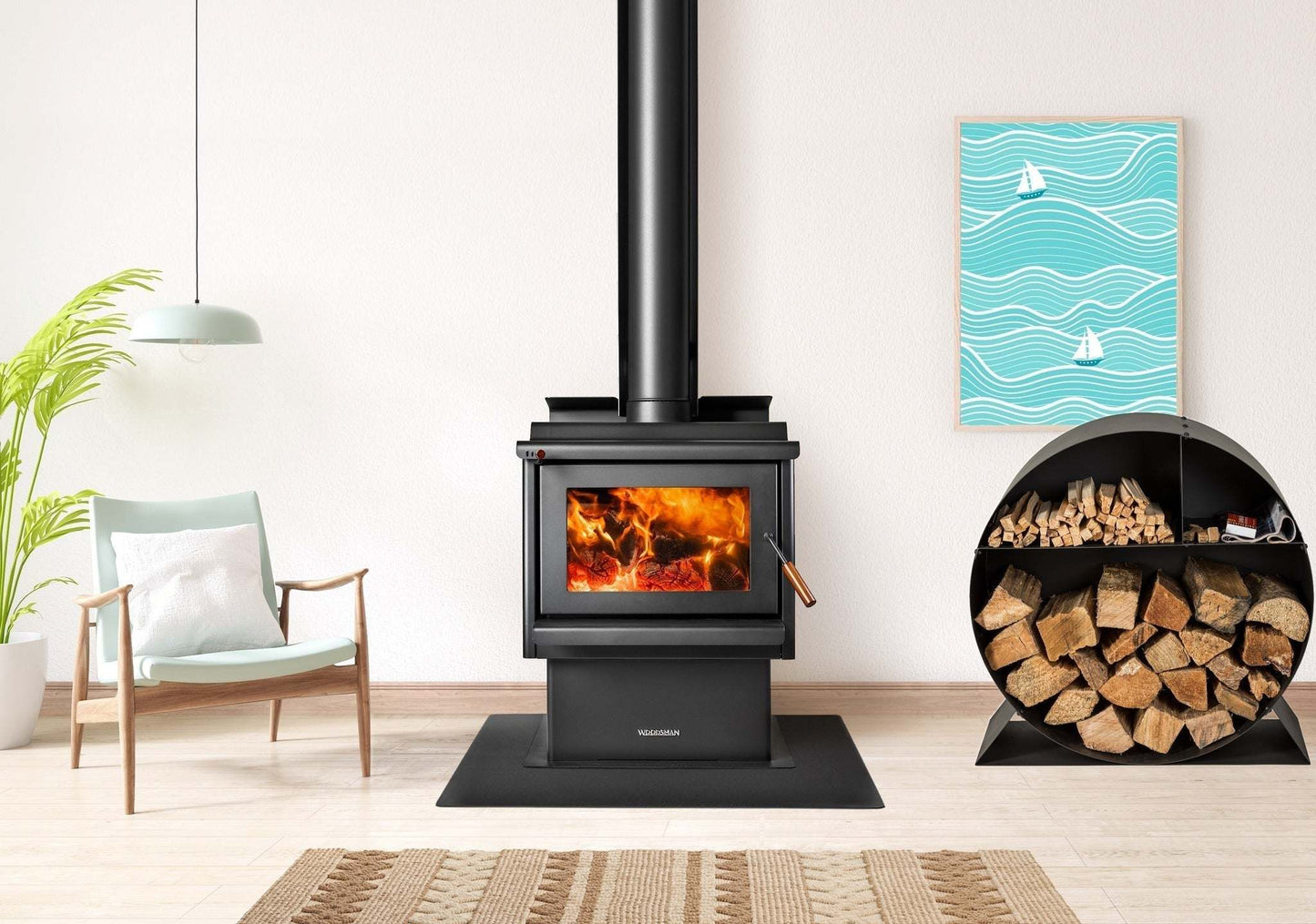 Woodsman Wood Storage Bin next to modern stove in cozy living room setting.