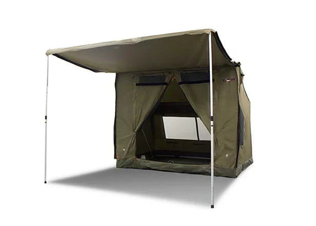 Oztent RV3 tent with awning, setup in 30 seconds, made of waterproof polycotton canvas.