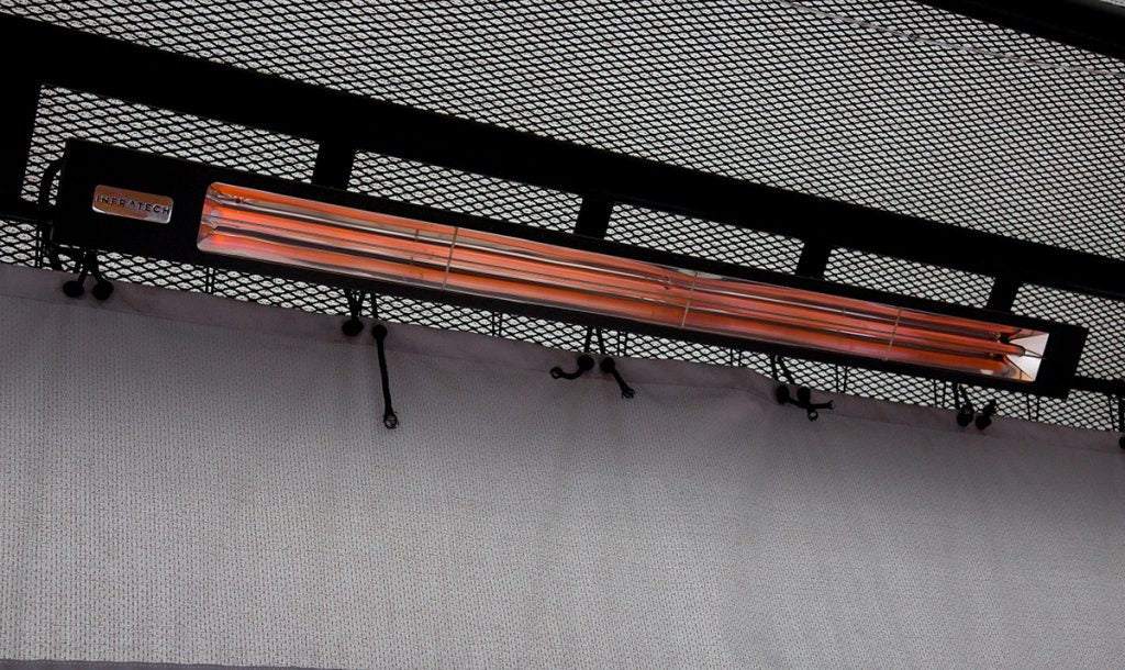 Infratech SL30 3kW Slimline Shadow heater in matte black housing, mounted on outdoor ceiling.