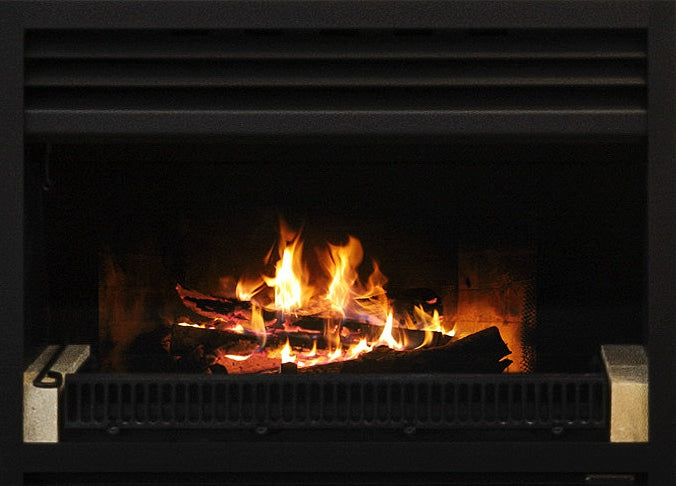 Warmington SI1100 General Fire System with flames in a black fireplace setting.