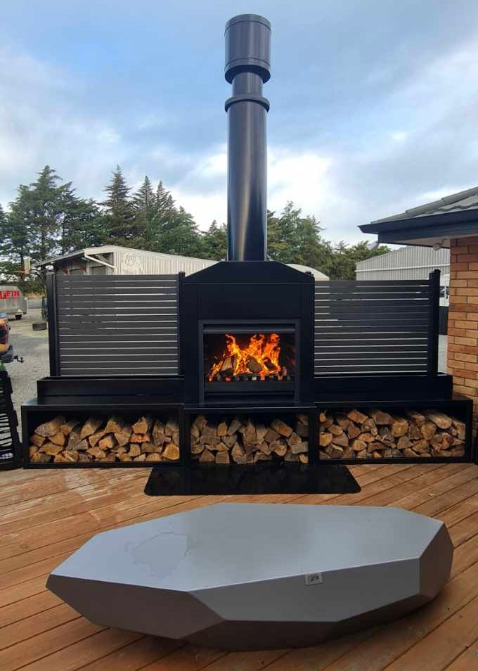 Onflame 1200 - Freestanding Outside Fireplace with Black Cabinet & 1.5m Flue