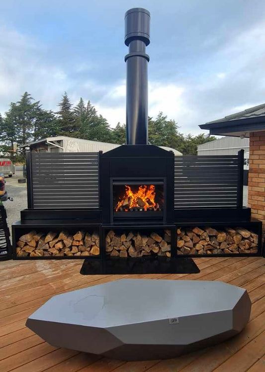 Onflame 1200 - Freestanding Outside Fireplace with Black Cabinet & 1.5m Flue