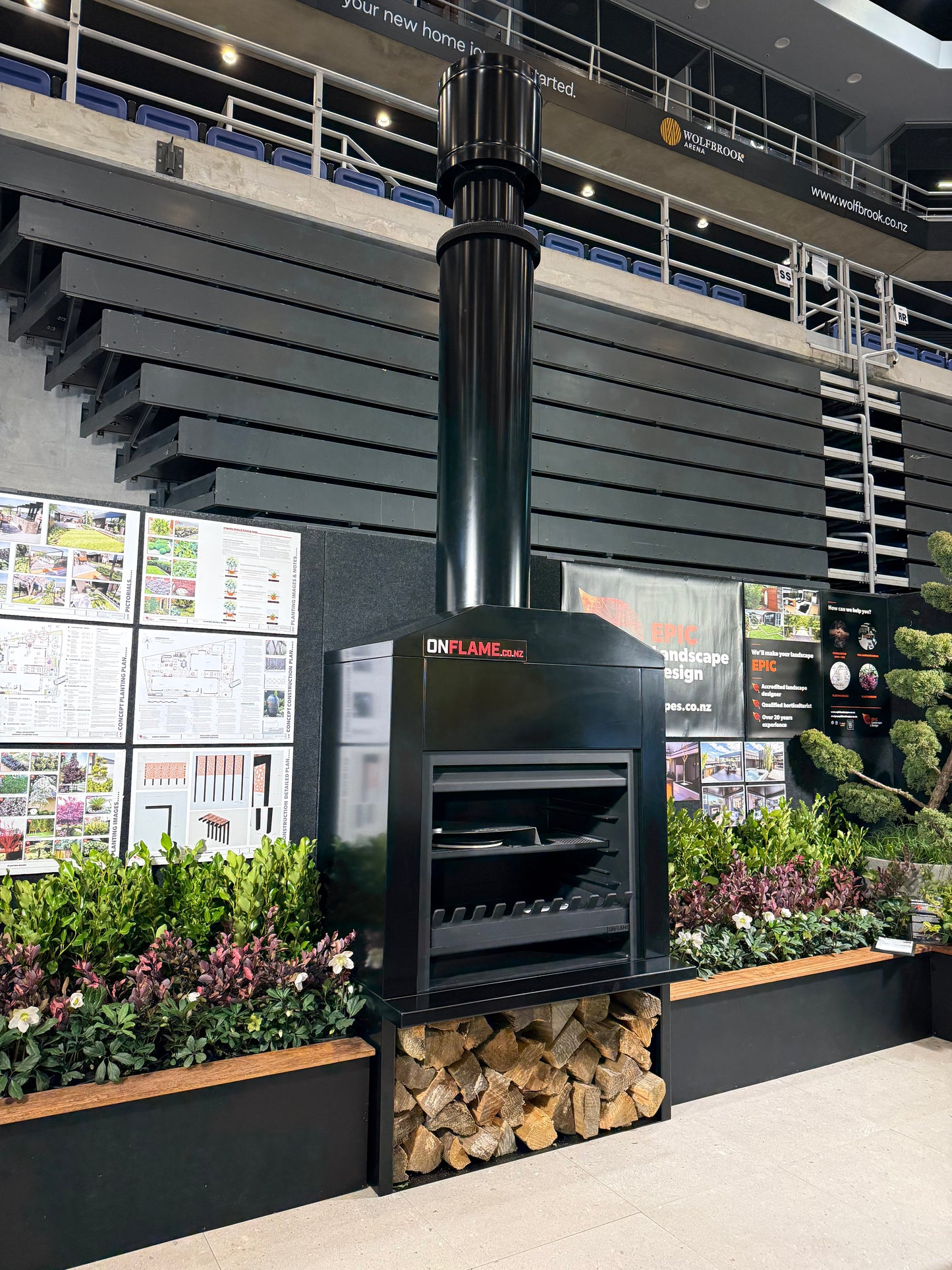 Onflame 1200 - Freestanding Outside Fireplace with Black Cabinet & 1.5m Flue