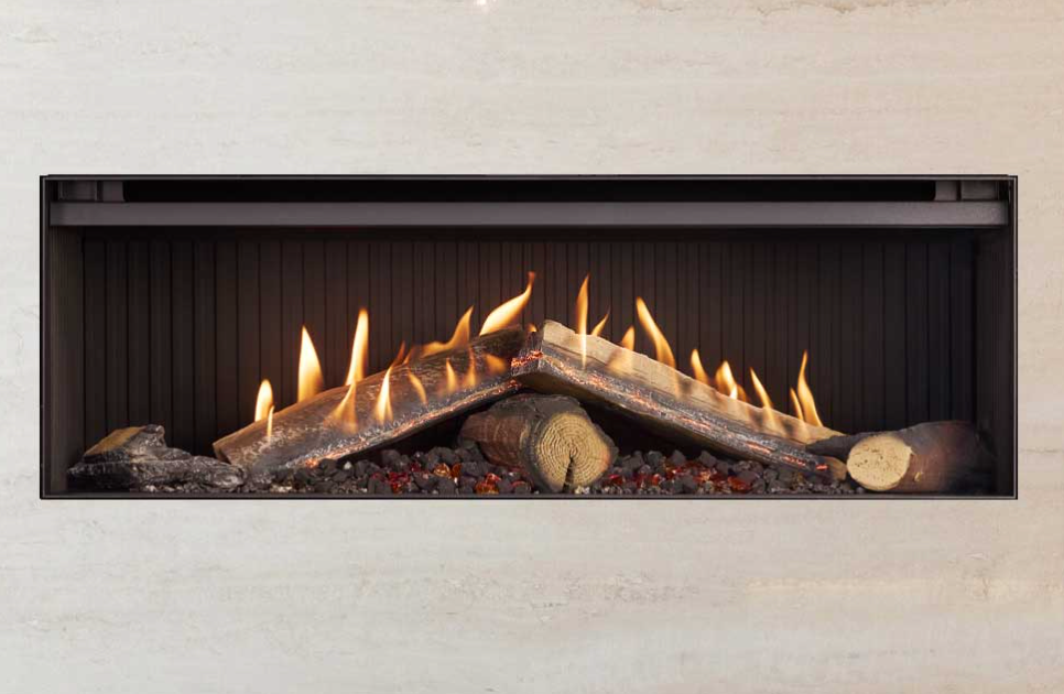 Rinnai Linear 1000 fireplace with FlameTech, showcasing realistic flames and embers.