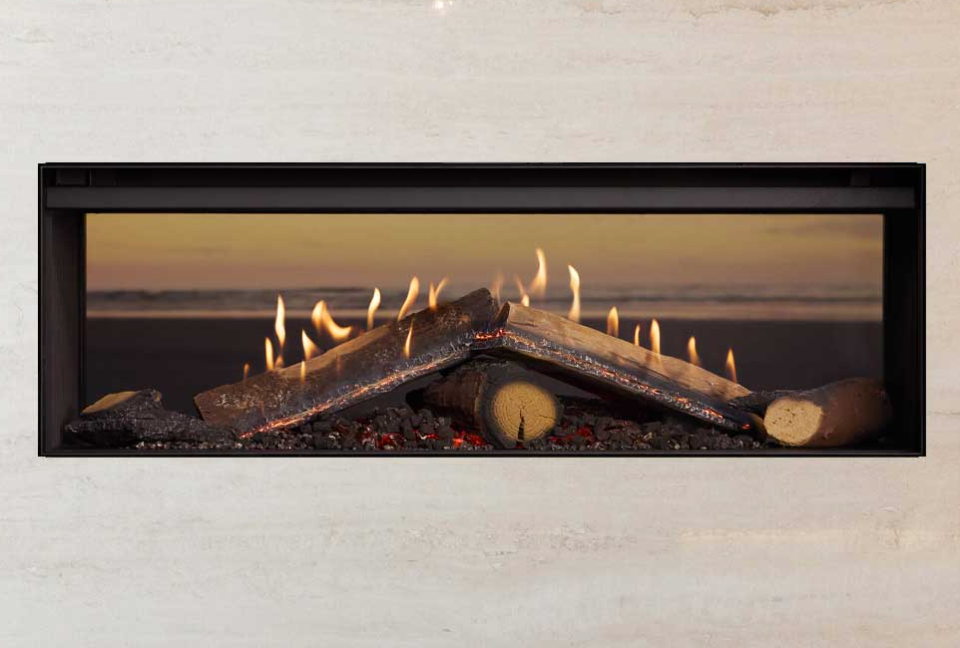 Rinnai Linear 1000 double-sided gas fireplace with realistic flames and logs.