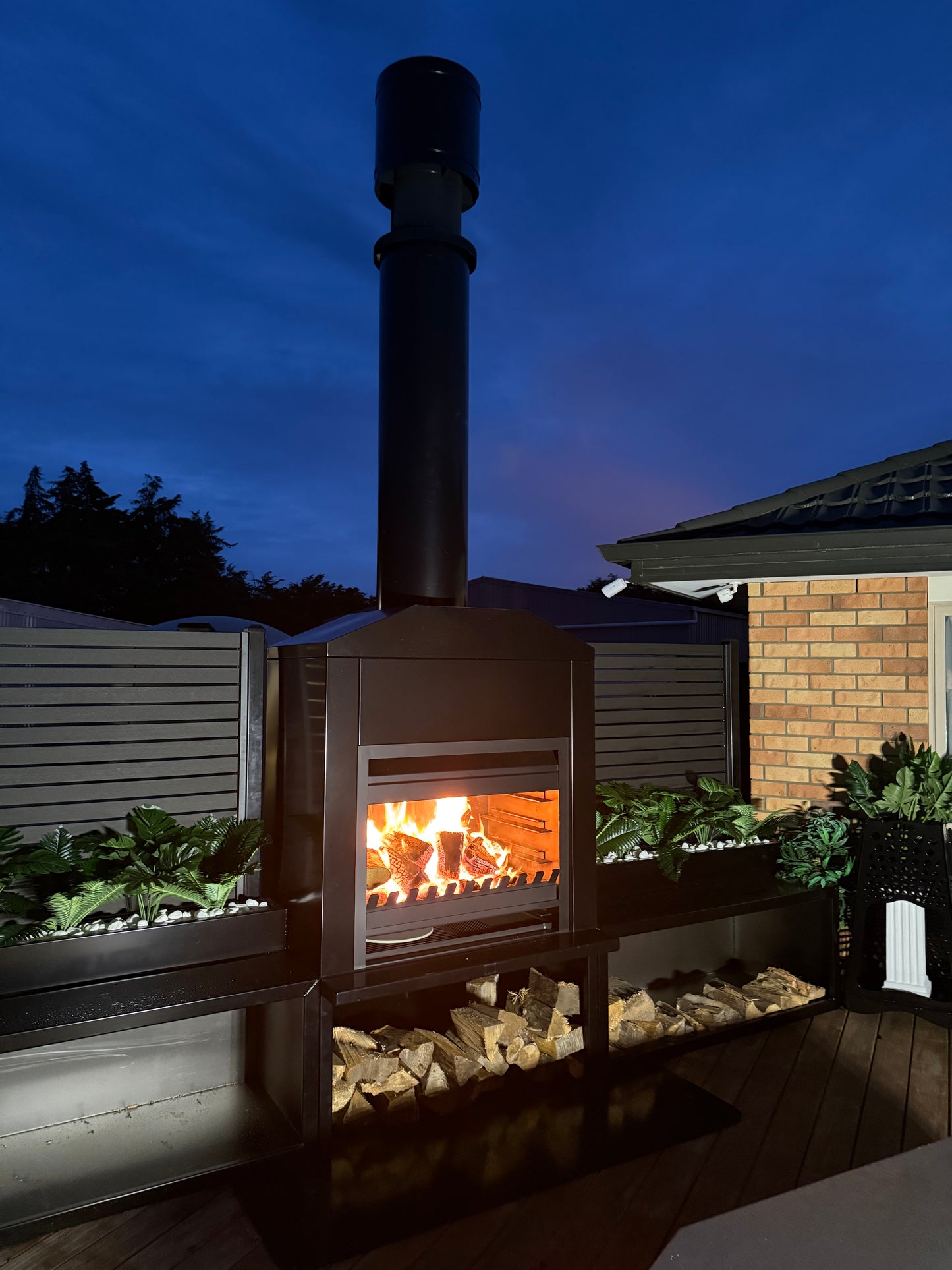 Onflame 900 - Freestanding in Black Cabinet Outside Open Wood Fire & 1.5m Flue