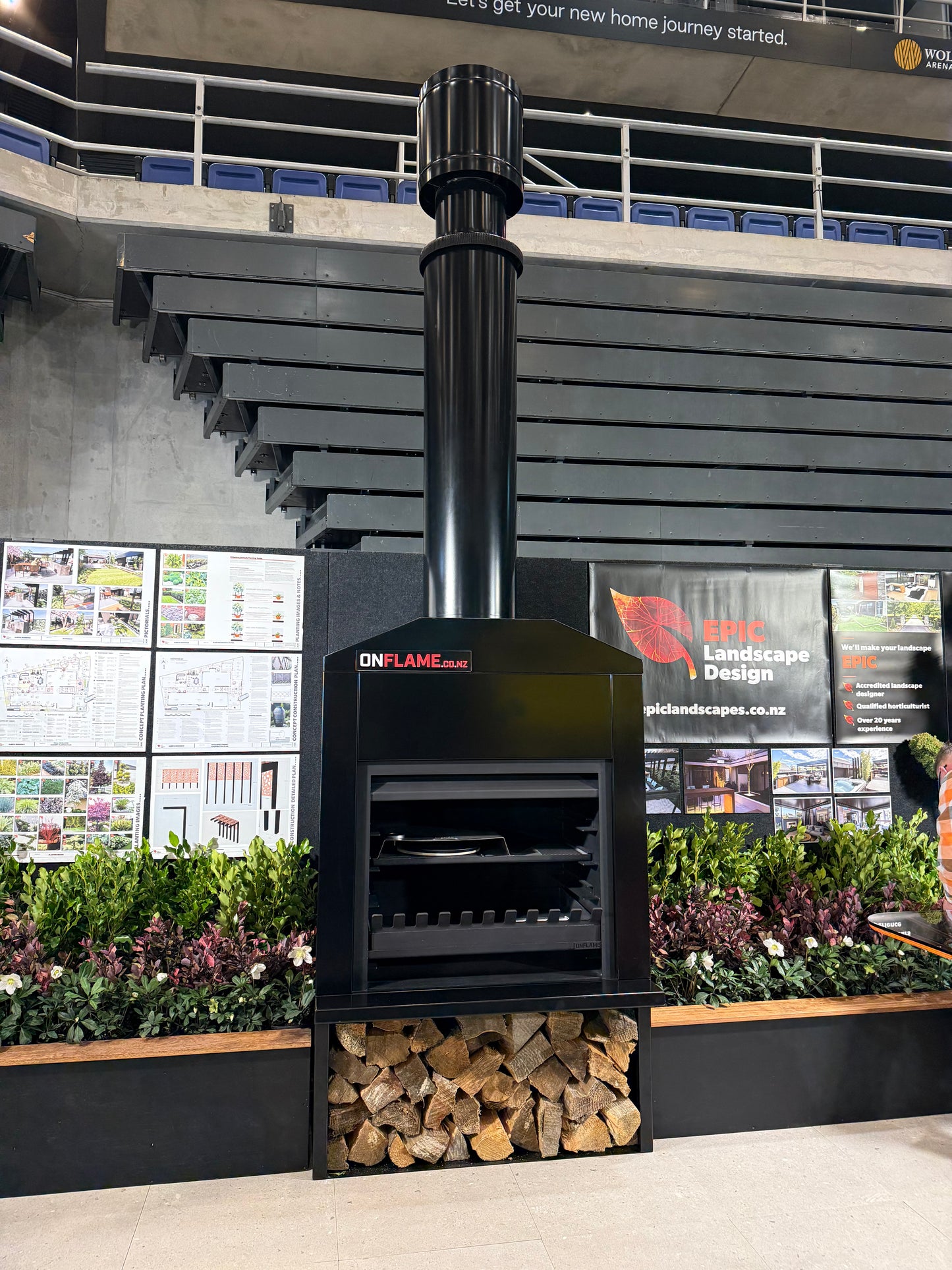 Onflame 1200 - Freestanding Outside Fireplace with Black Cabinet & 1.5m Flue