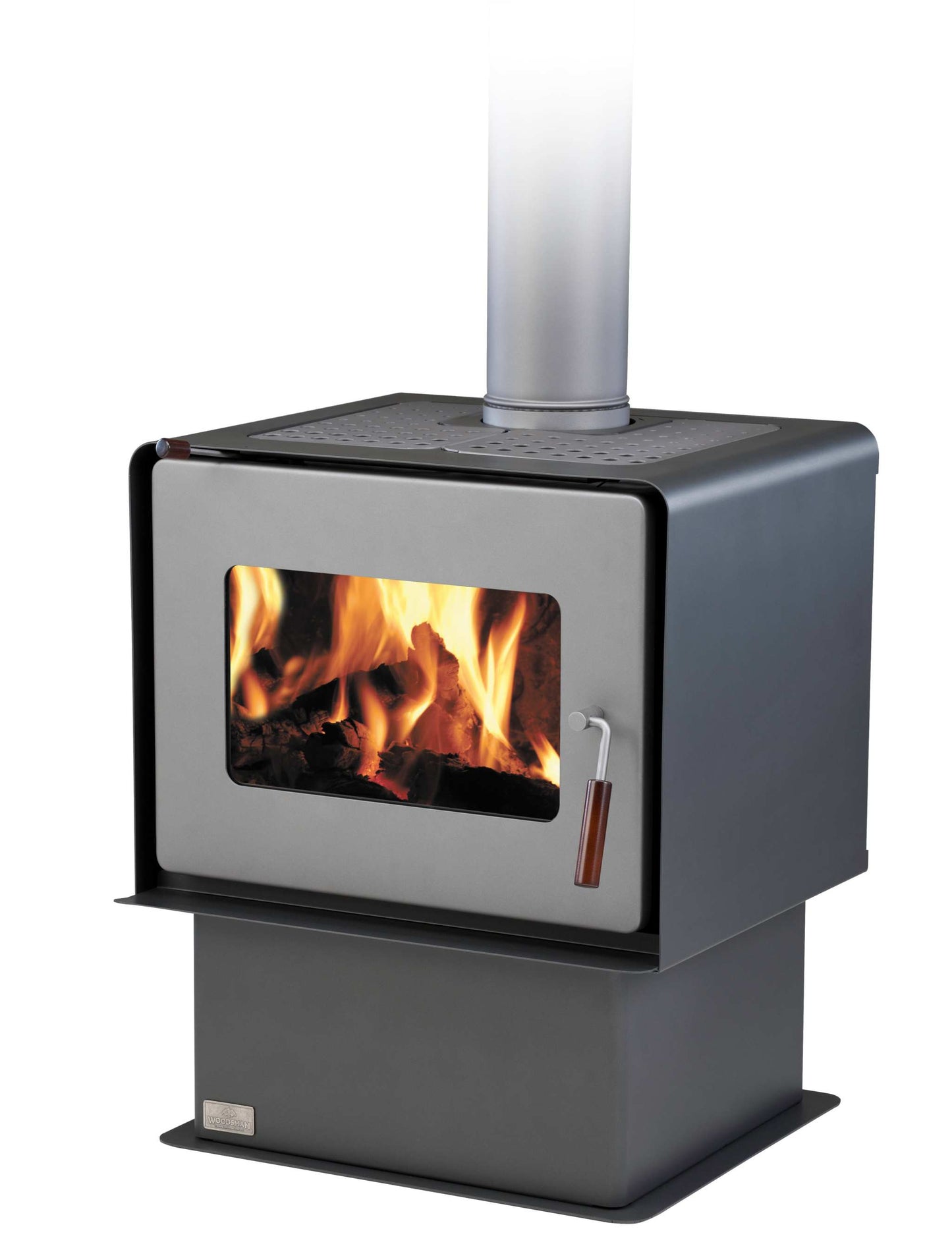 Woodsman Flare fireplace with pedestal base and 4.2m pewter heatsaver flue system in charcoal.