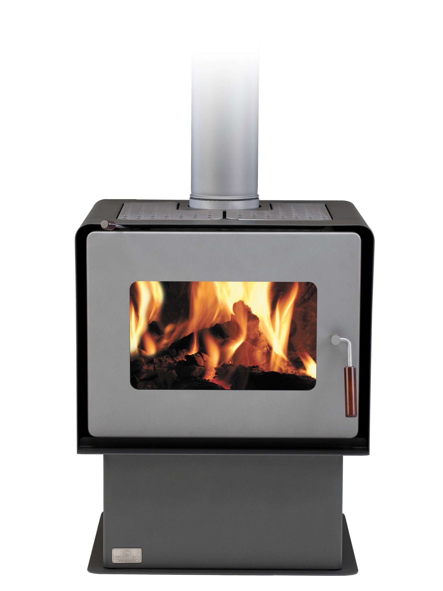 Woodsman Flare fireplace with pedestal base and 4.2m flue system, featuring a contemporary design for efficient home heating.