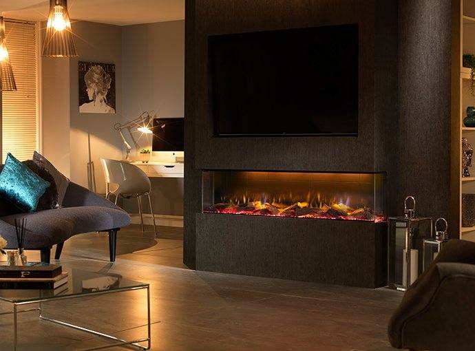 Dimplex Vivente 750 electric fire installed under a TV in a modern living room.
