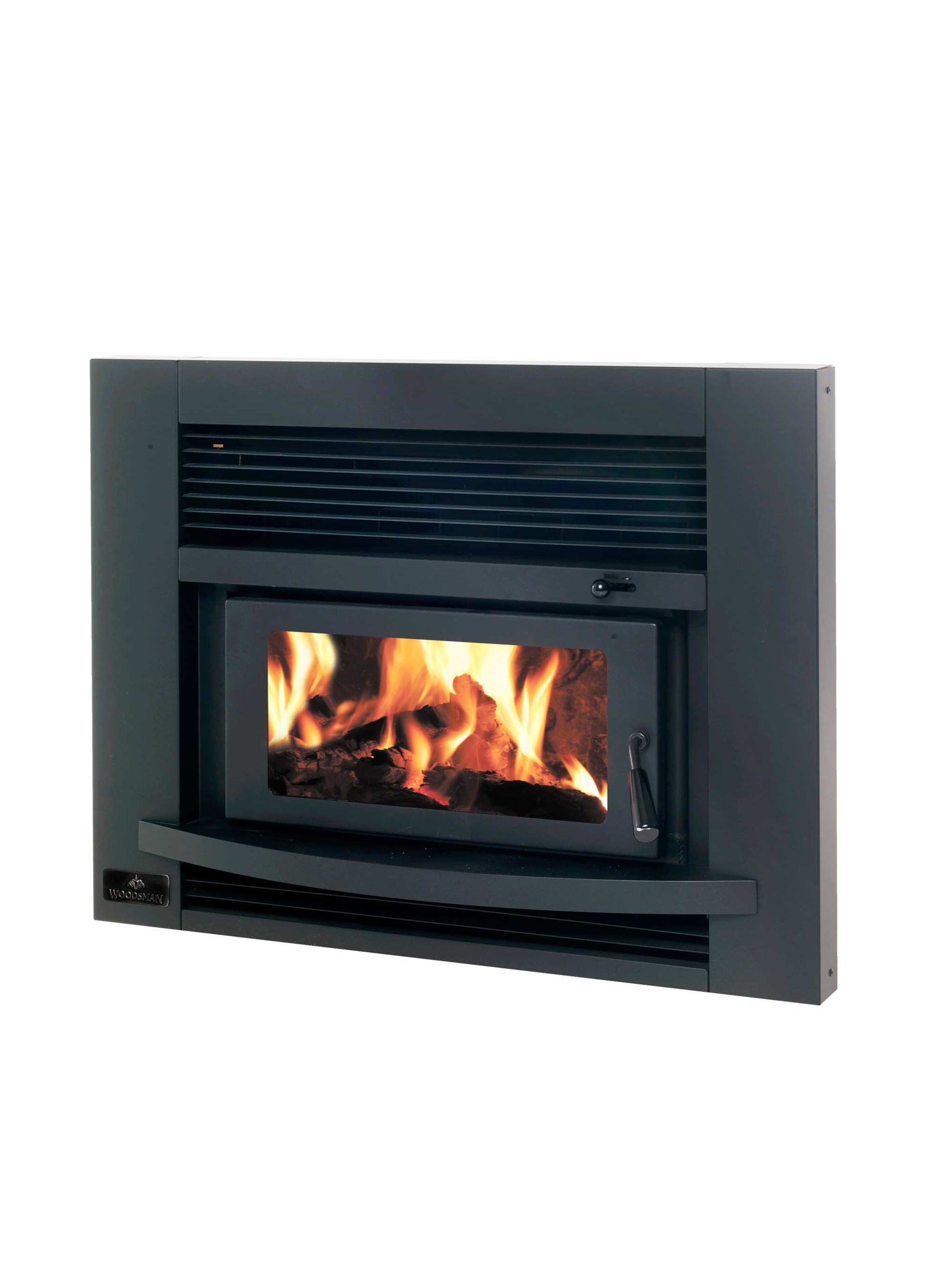 Woodsman Totara Insert Fireplace with 4.2m Flue System, sleek design, high efficiency heating.