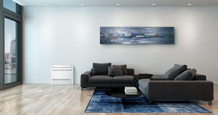 Mitsubishi RapidHeat MFZ-KW42VG 5.4kw floor console heat pump in modern living room setting.