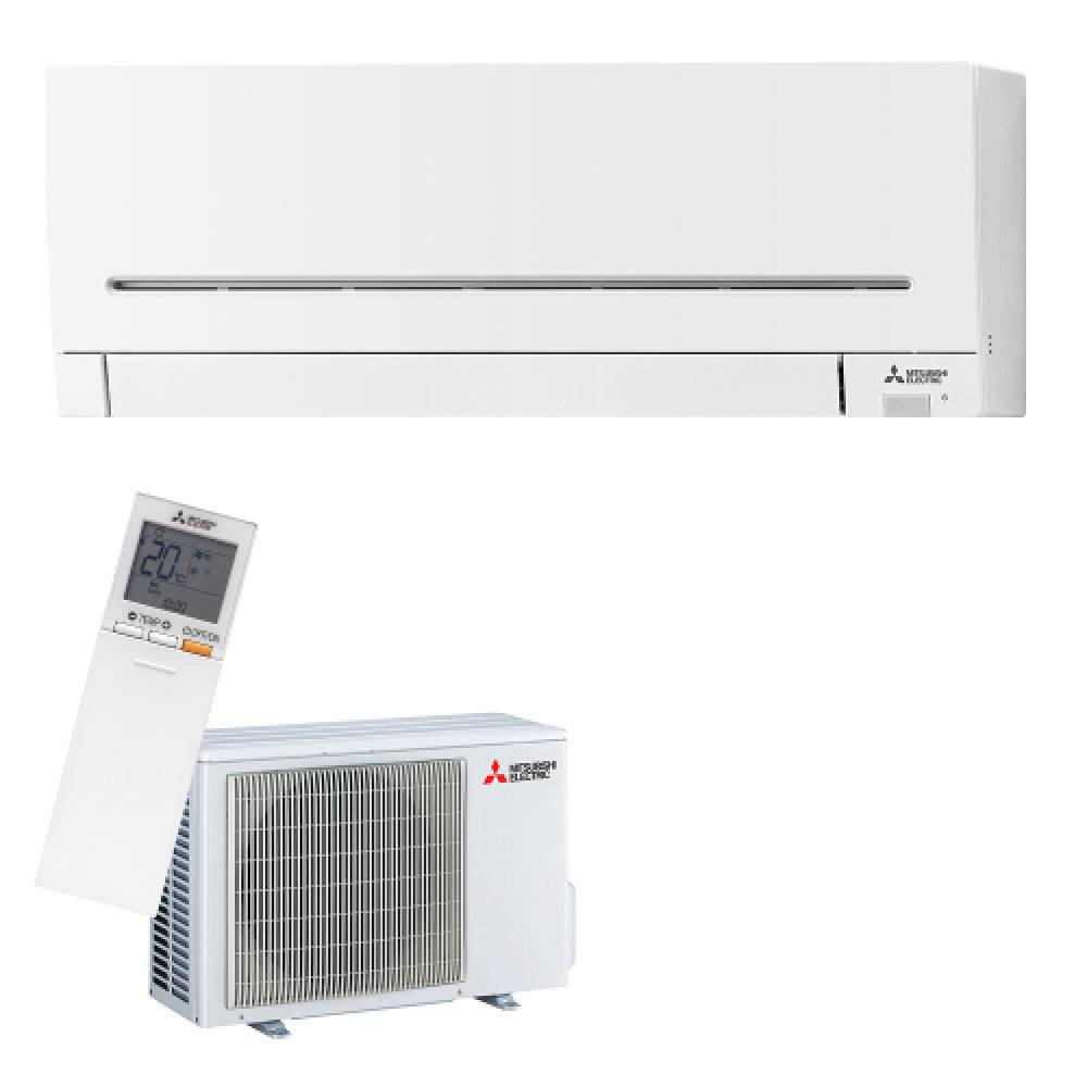 Mitsubishi MSZ-AP25VGD heat pump with remote and outdoor unit.
