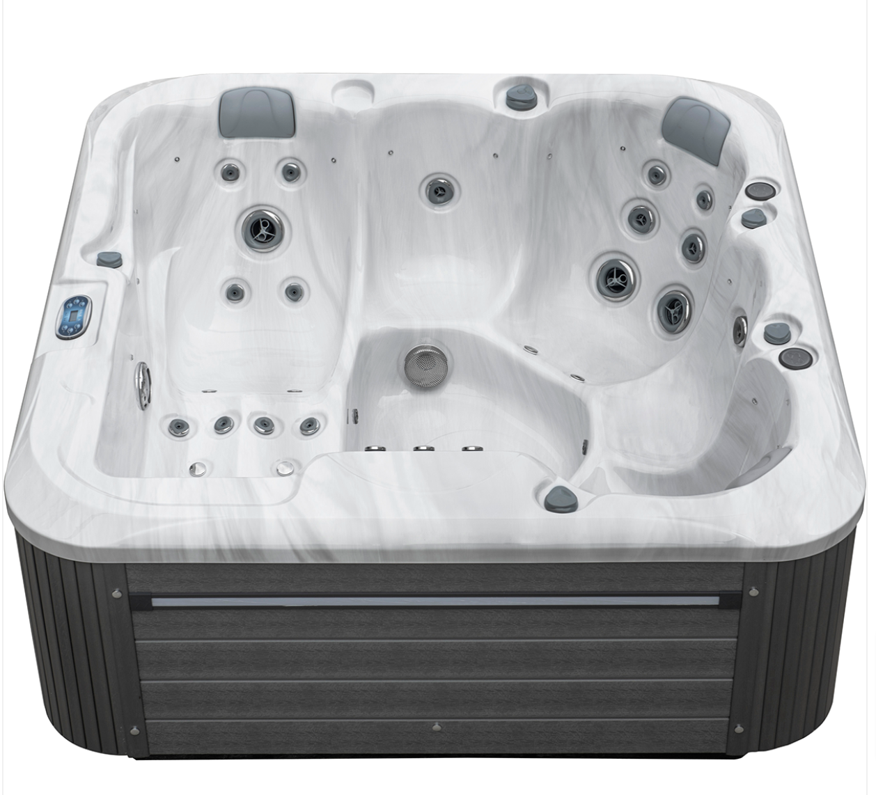 6 person spa pool with multiple jets and headrests, featuring a sleek design and premium materials.