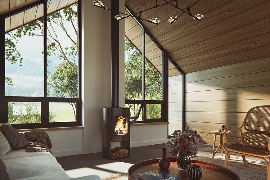Nectre N65 clean air wood burner in a modern living room setting.