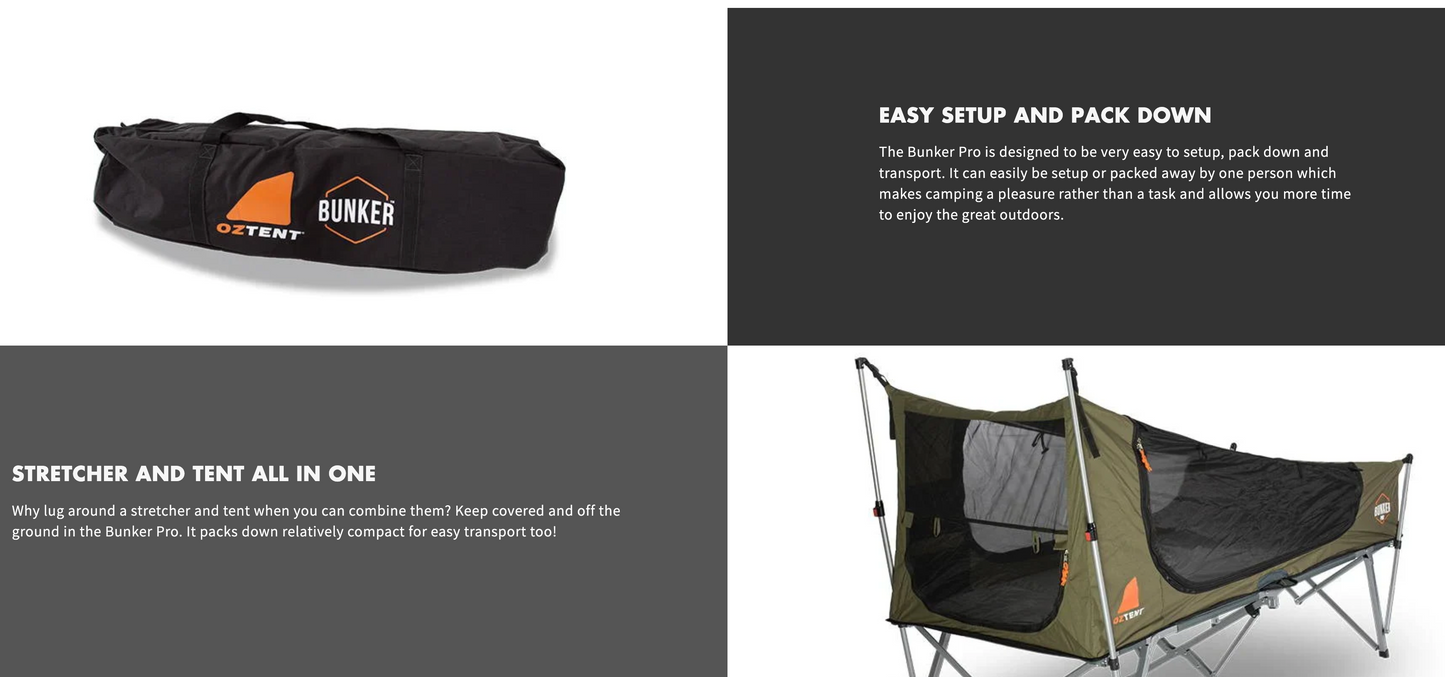 Oztent Bunker Pro Stretcher Bed with carry bag and easy setup features.