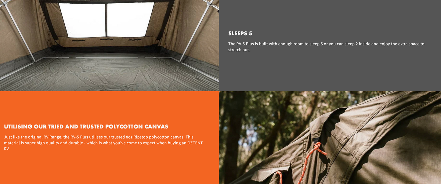 Oztent RV5 Plus tent interior with polycotton canvas and sleeping area for five.