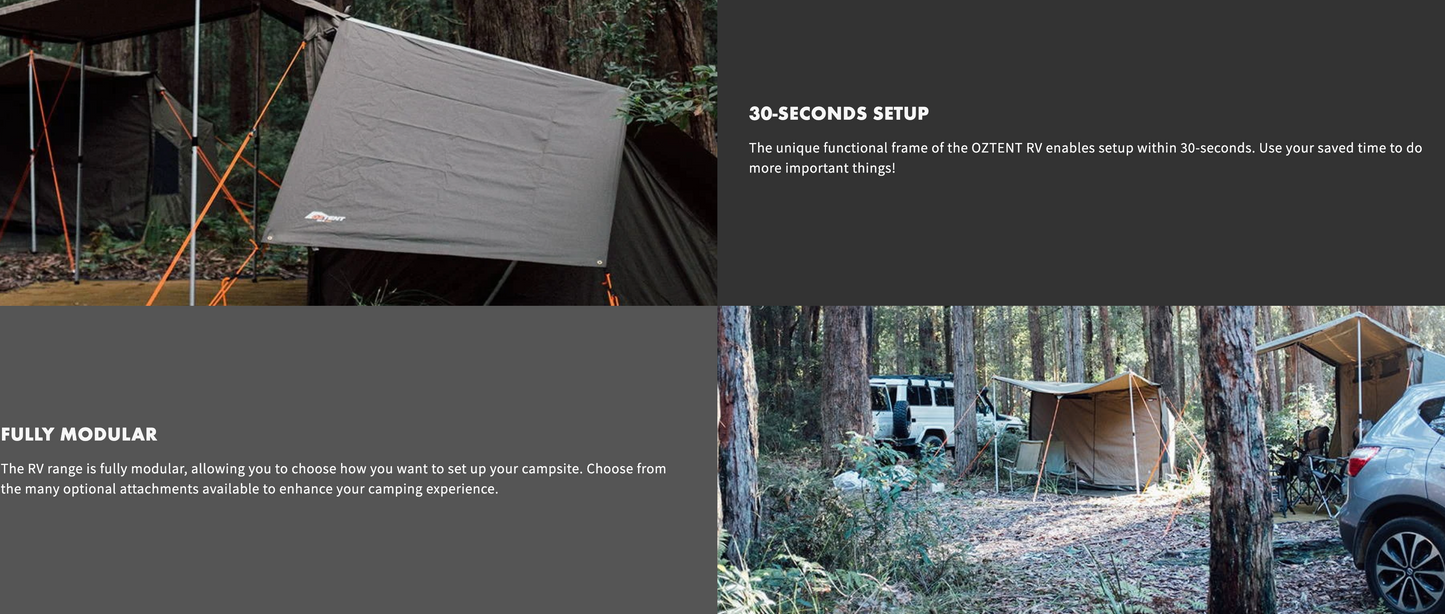 Oztent RV3 tent in wooded campsite with awning and modular setup; 30-second assembly feature highlighted.