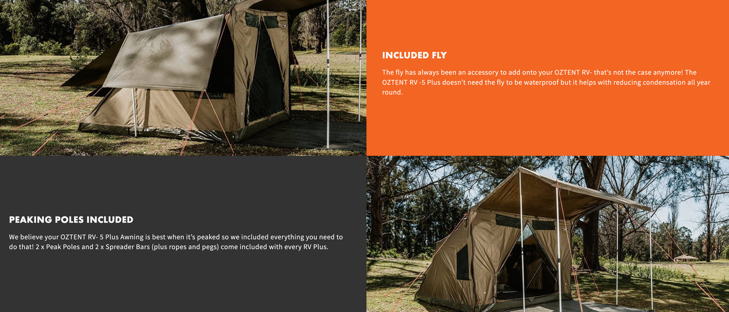 Oztent RV5 Plus tent with peaking poles and included fly, set up outdoors.
