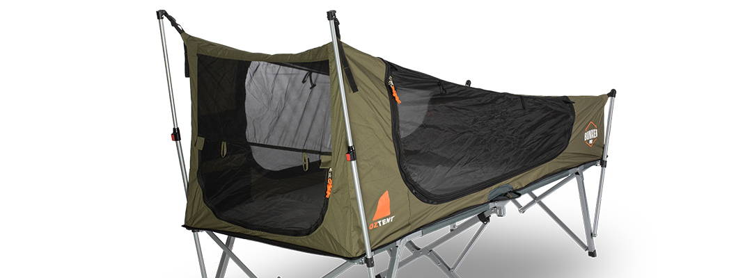 Oztent Bunker Pro Stretcher Bed with Ripstop canvas and No-See-Um mesh.