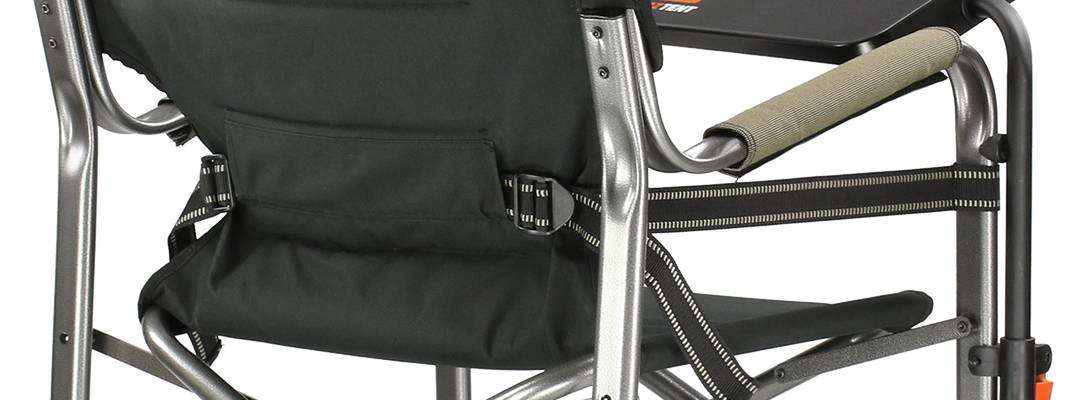 Oztent Gecko Chair with side table and adjustable lumbar support, featuring solid armrests.