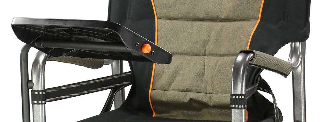 Oztent Gecko Chair with adjustable side table and lumbar support for camping.
