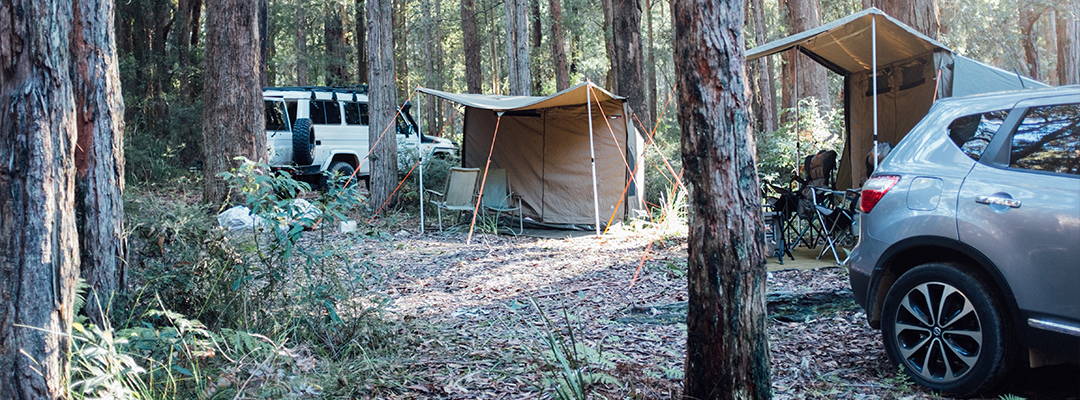 Oztent RV3 tent set up in a forest campsite with vehicles nearby.
