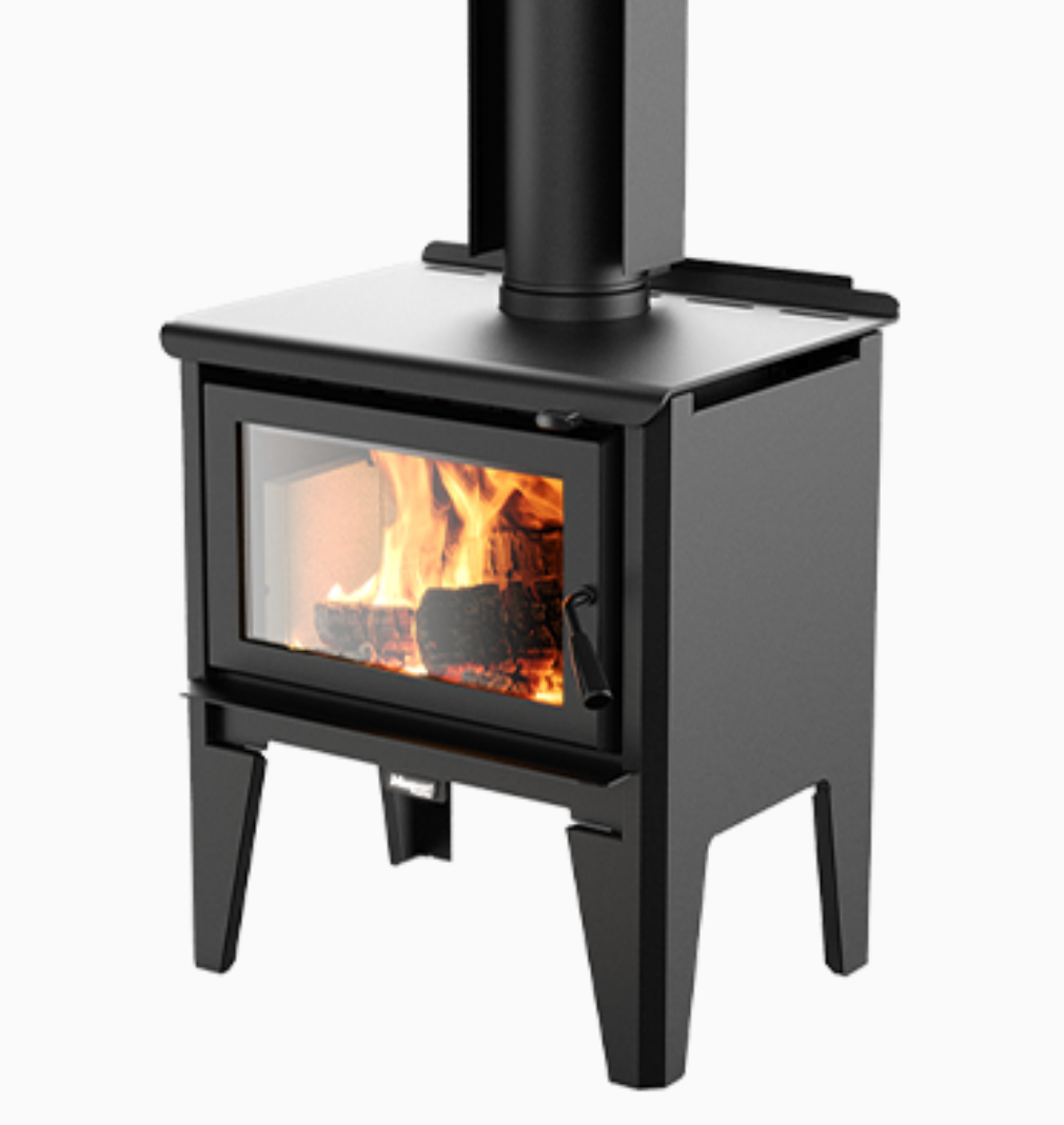 Masport Kaituna wood fire with leg base and flue system for small to medium homes.