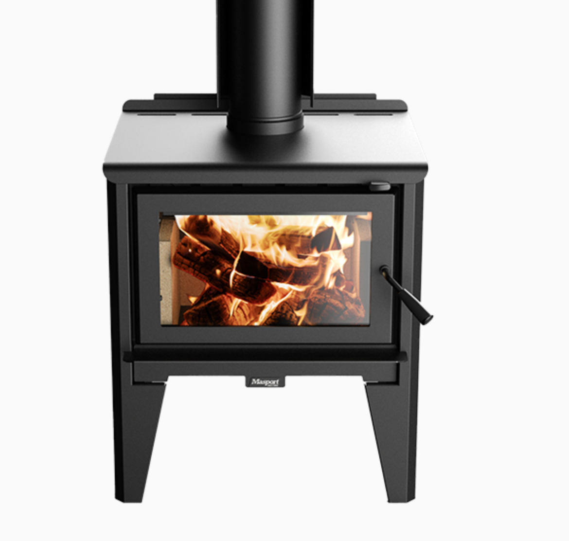 Masport Kaituna wood fire with leg base and 4.2m flue system, featuring advanced Ultra M3 technology for clean burning and efficiency.