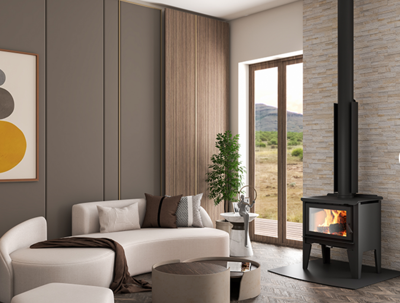 Masport Kaituna wood fire with leg base and 4.2m flue system in modern living room setting.