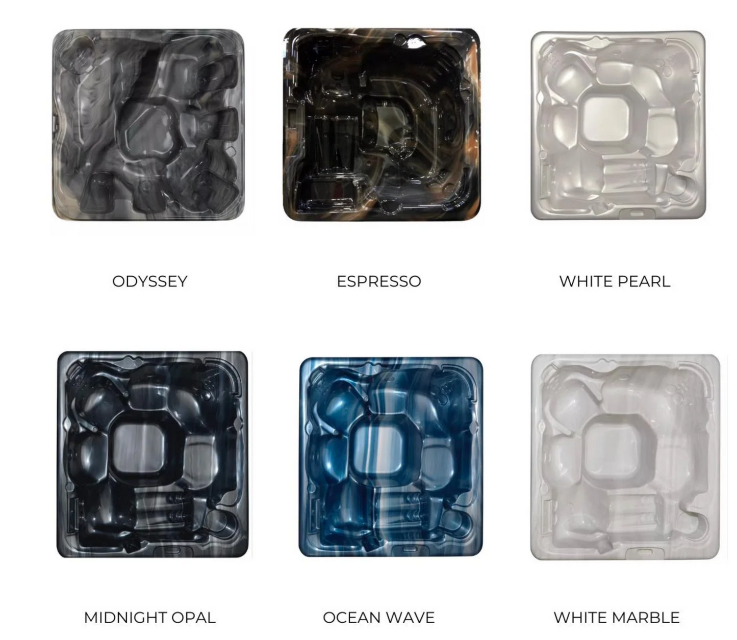 Sensation Retreat Spa Pool color options: Odyssey, Espresso, White Pearl, Midnight Opal, Ocean Wave, White Marble.