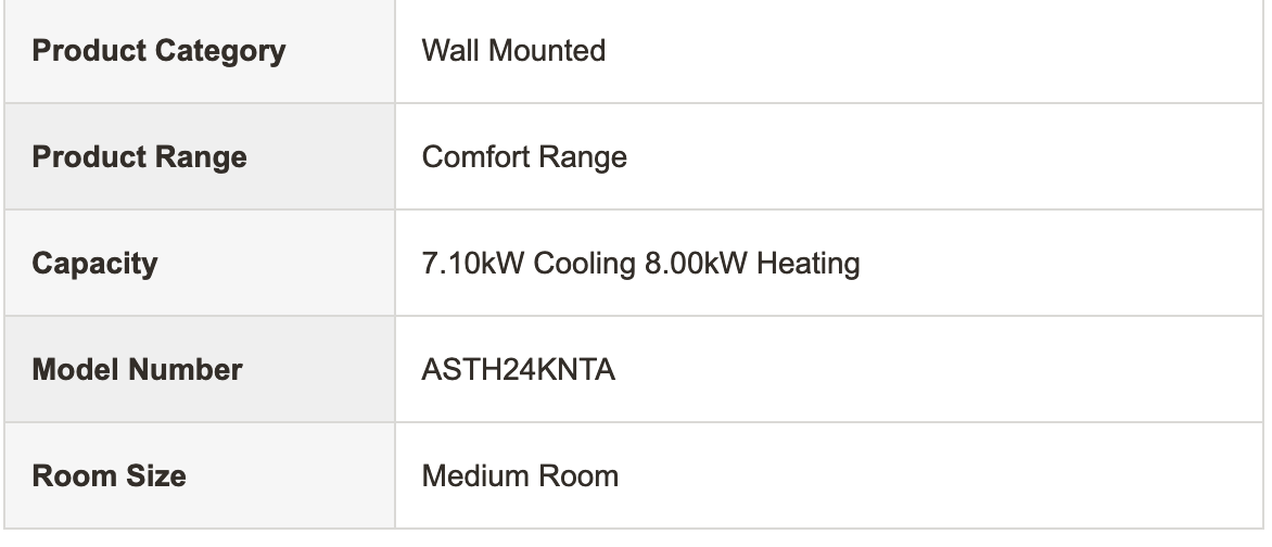 FUJITSU ASTH24KNTA 8KW wall-mounted air conditioner/heat pump for medium rooms, Comfort Range, energy-efficient climate control.