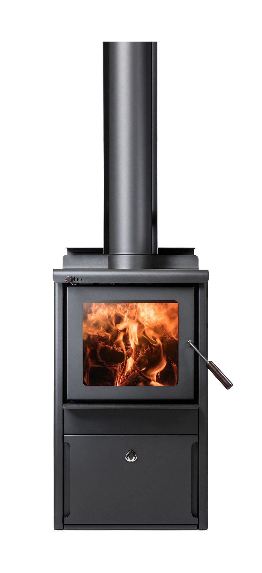 Woodsman Serene Drawer Base fireplace with Heatsaver Flue, sleek design, crafted in New Zealand.