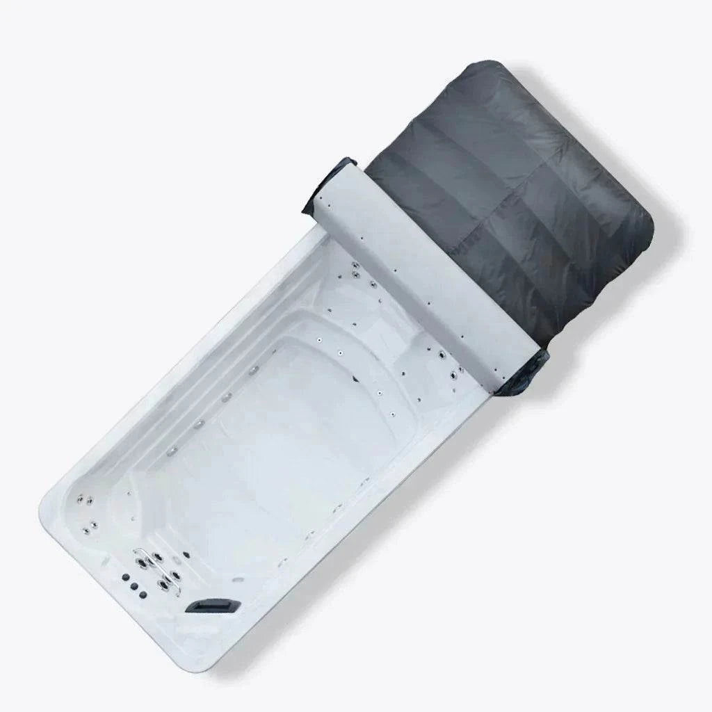 Top view of the Sensation Euphoria 5.9m Pro Swim Spa with cover, featuring jet seats and a spacious design for swimming and relaxation.