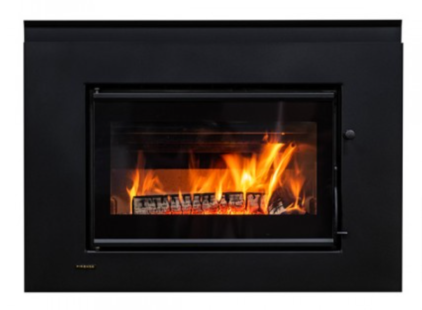 Firenzo Topaz Insert Wood Fire with glass door, emitting a warm flame.