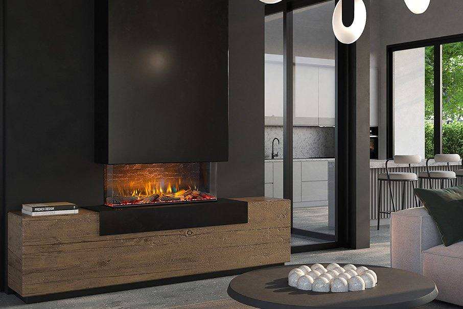 Modern living room with Dimplex Vivente 750 electric fire and customizable flame effect.
