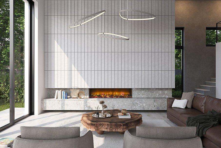 Dimplex Vivente 750 electric fire with customizable sides installed in modern living room.
