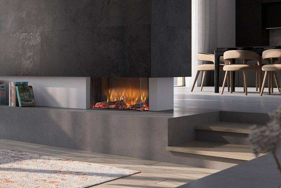 Dimplex Vivente 750 electric fire with customizable 1/2/3 sided configuration and Revillusion flame effect.