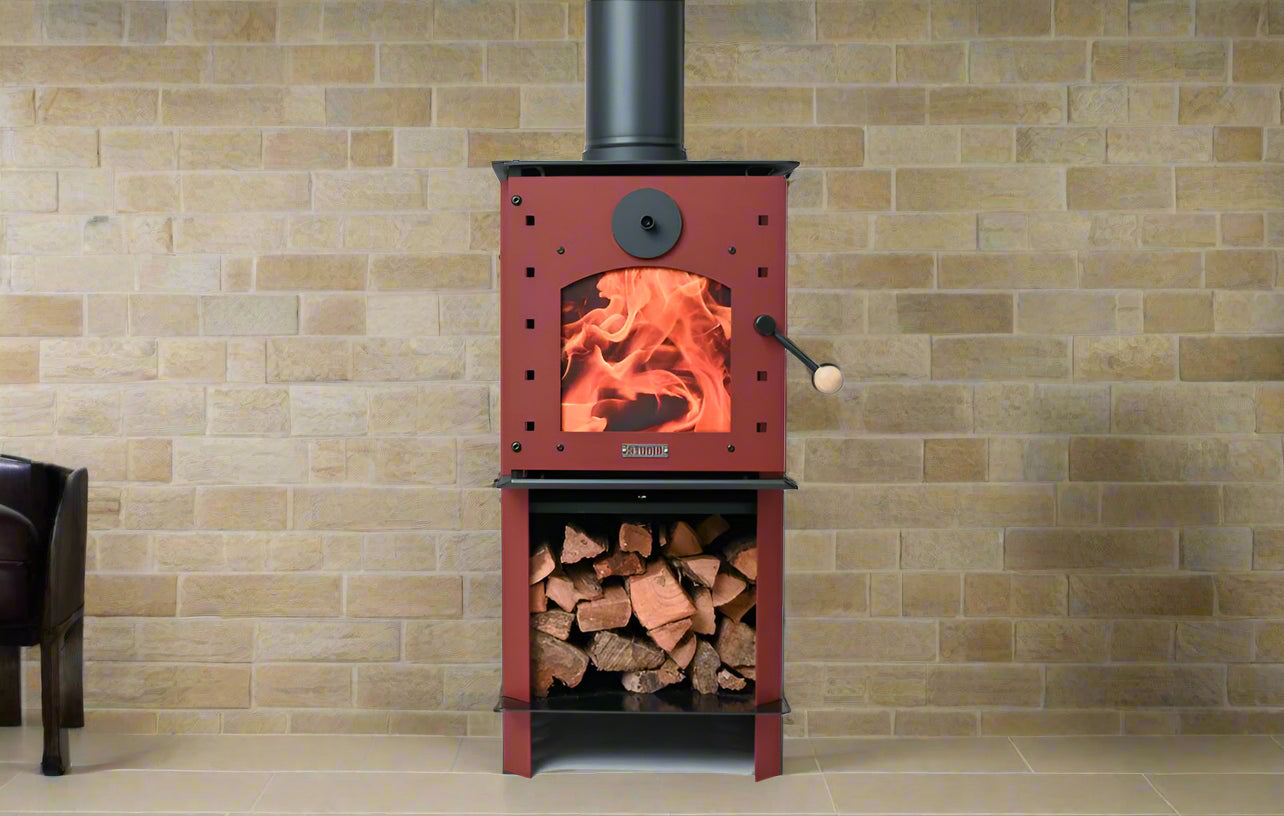 Warmington RED Studio 14 Fire with flue system and wood storage.