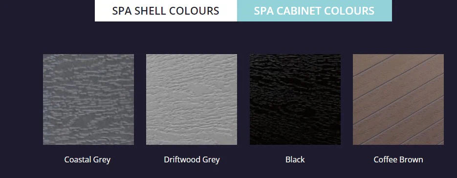 Sensation Paradise Pro 6 Person Spa Pool with color options: Coastal Grey, Driftwood Grey, Black, Coffee Brown.