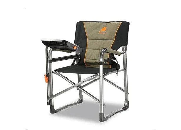 Oztent Gecko Chair with side table, adjustable lumbar support, and sturdy aluminum frame.