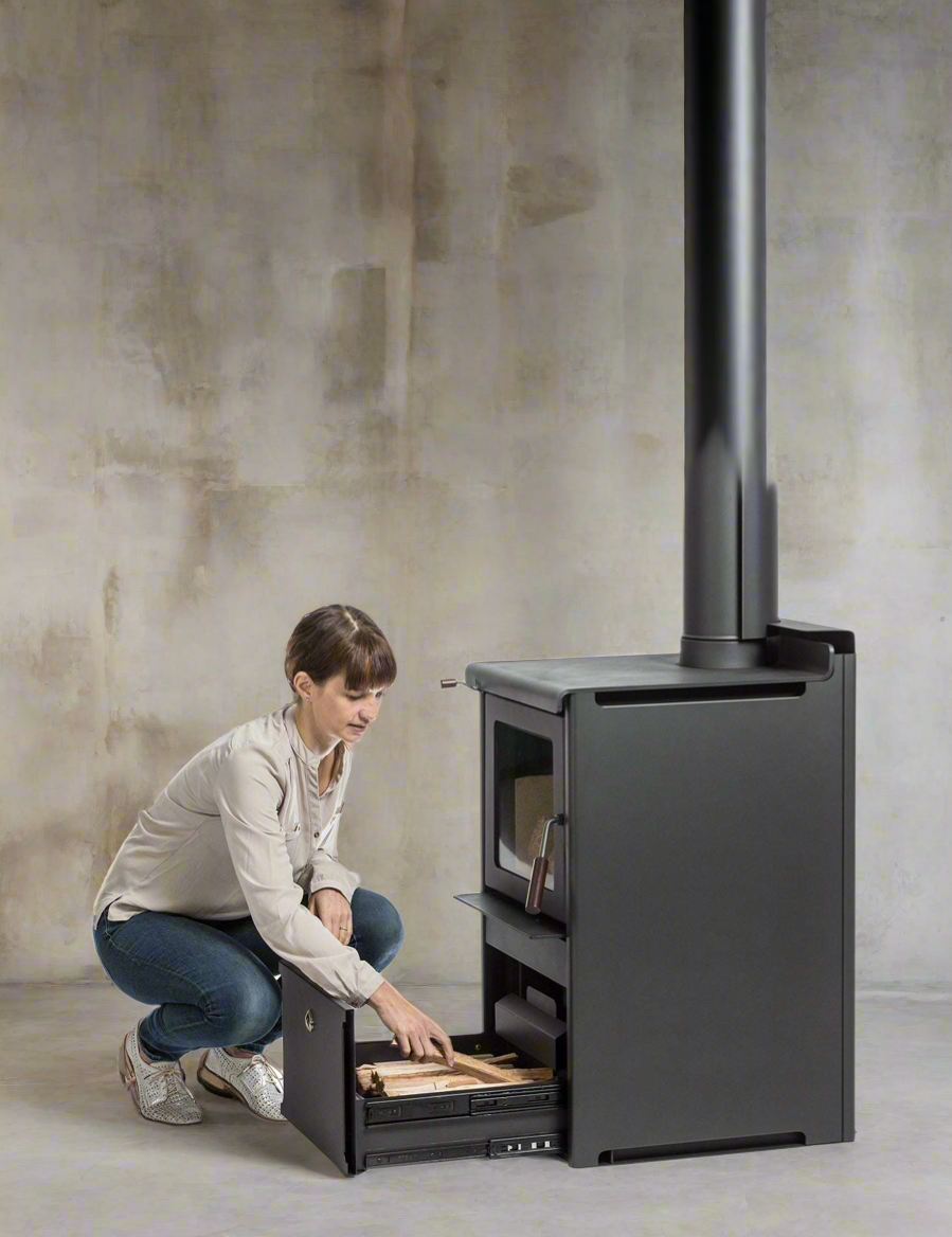 woodsman logburner with drawer base
