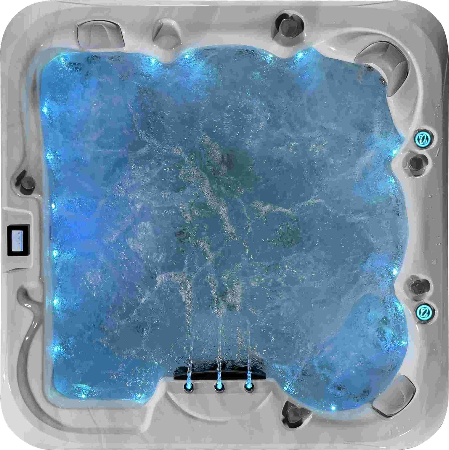 Sensation Oasis 6 person spa pool with LED lights and jets.