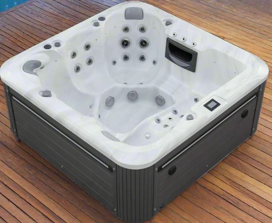 6 person spa pool with adjustable jets, LED lighting, and modern design.