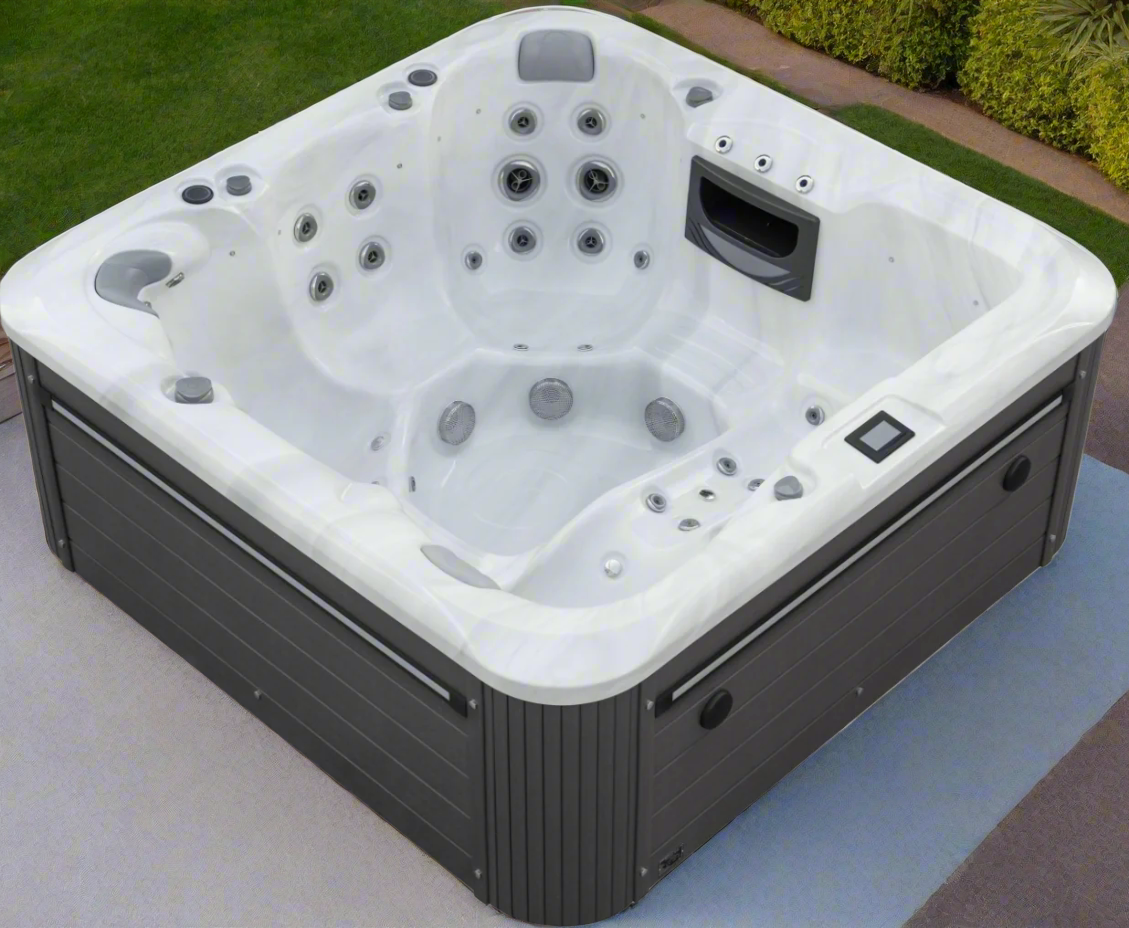 6 person spa pool with adjustable jets, LED lighting, and modern design.