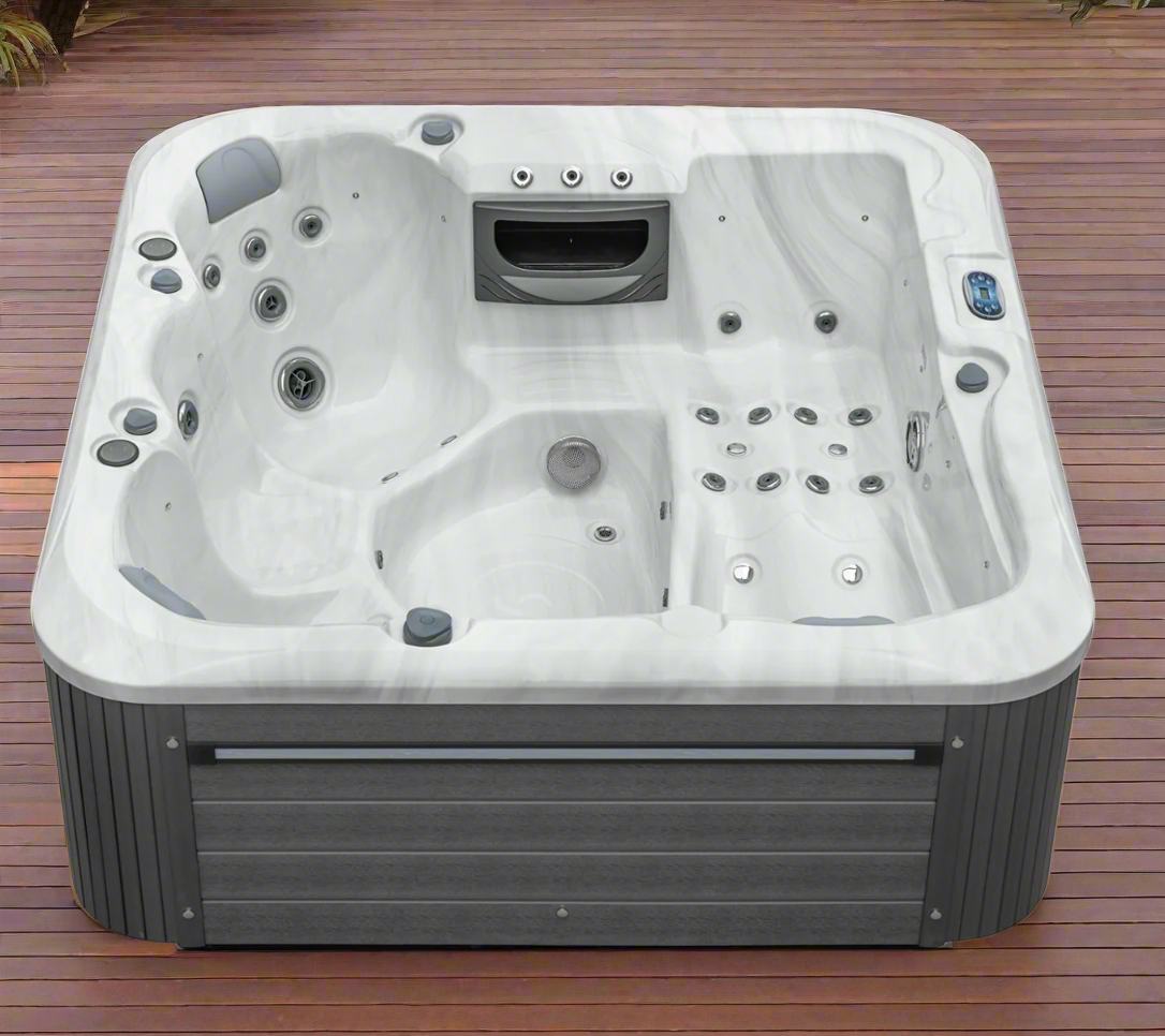 Sensation 6 person spa pool with jets and lounger seat design.